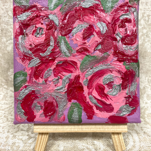 10×10cm 薔薇のミニ絵画、イーゼル付き テクスチャーアート