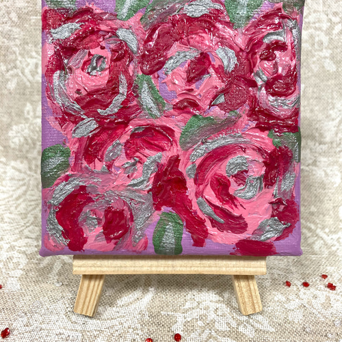 10×10cm 薔薇のミニ絵画、イーゼル付き テクスチャーアート