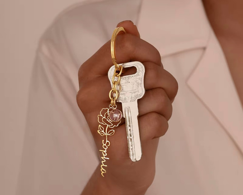 誕生石オーダーメイドキーホルダー 名前 高品質 名入れ 誕生日月花 DIY