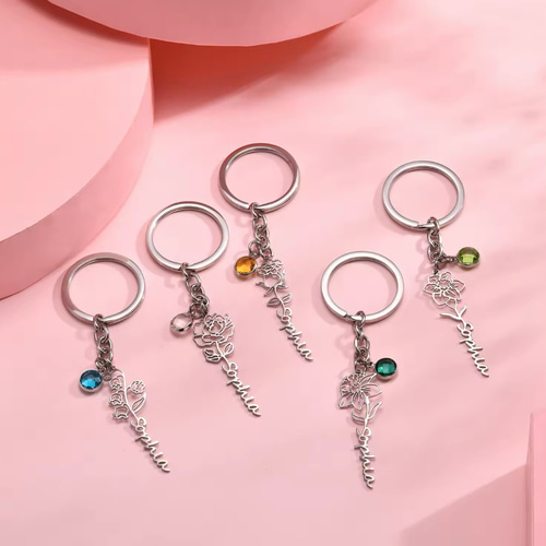 オーダーメイド  バースデーキーホルダー✧︎ 誕生石オーダーメイドキーホルダー 名前 高品質 名入れ 誕生日月花 DIY