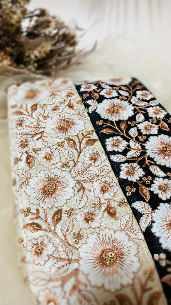 幅約7.5cm】50cm インド刺繍リボン シルク 太幅 花柄 アイボリー