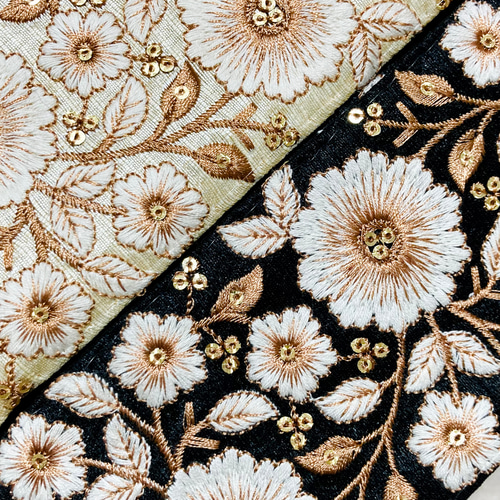 幅約7.5cm】50cm インド刺繍リボン シルク 太幅 花柄 アイボリー