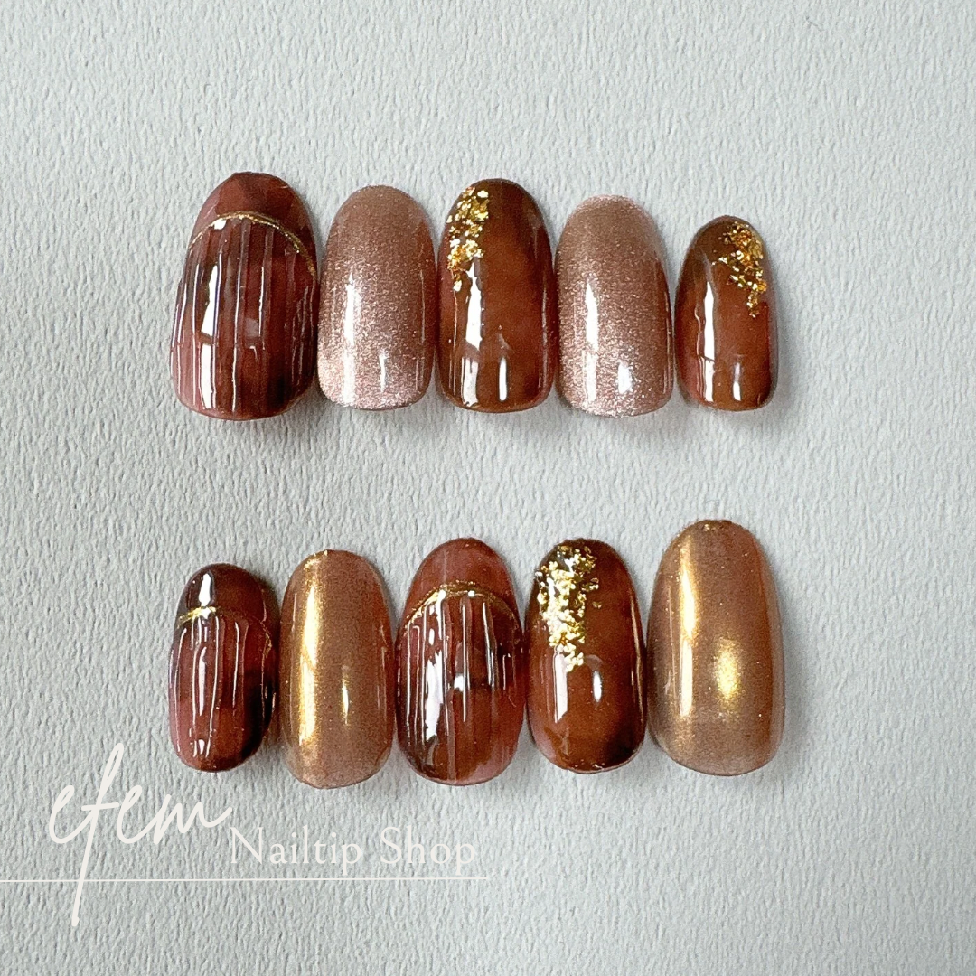 【オーダー】ネイルチップ　ミラーフレンチ　マグネット　キラキラ　ブラウン　韓国 マグネットネイル ミラーフレンチ ネイルチップ ジェルネイル