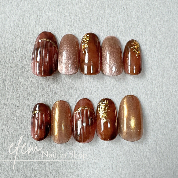 ワインレッドのべっ甲ネイル 秋 マグネット ミラー ブラウン