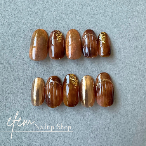オレンジブラウンのべっ甲ネイル 秋 マグネット ミラー ゴールド