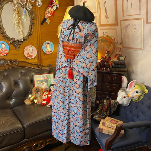 和洋折衷 着物 リメイク ロング丈 ワンピース ドレス 洗える 化繊 帯