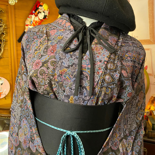 和洋折衷 着物 リメイク ロング丈 ワンピース ドレス 洗える 化繊 帯  