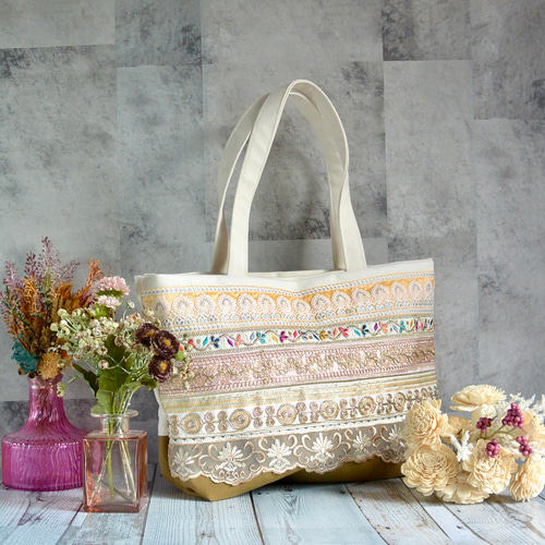 A4サイズ収納可能！淡いカラーのインド刺繍リボントートバッグ トート