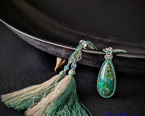 マクラメ編みネックレス クリソコラ マカライト クリソコラ【Chrysocolla】マクラメシルク(絹)ネックレス ネックレス