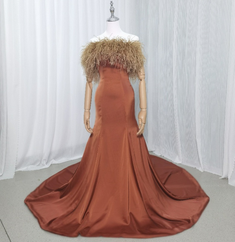 送料無料！カラードレス マーメイドライン フェザードレス 滑らか テラコッタ色 くるみボタン 結婚式 抜群のおしゃれ見え