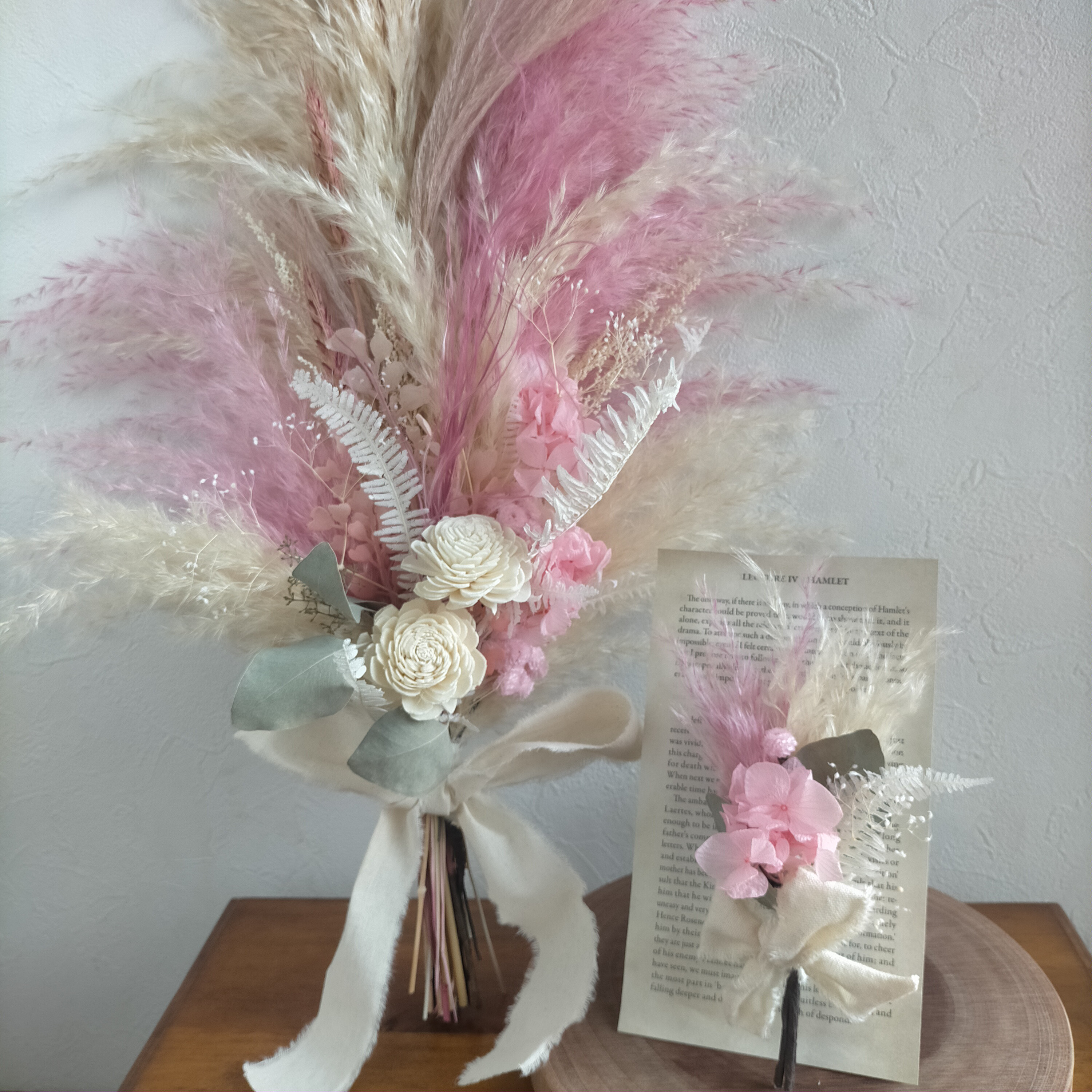 ふんわりピンクパンパスグラスのウェディブーケ &ブートニア 前撮り 和装 壁掛け  ドライフラワー  秋冬 ブーケ