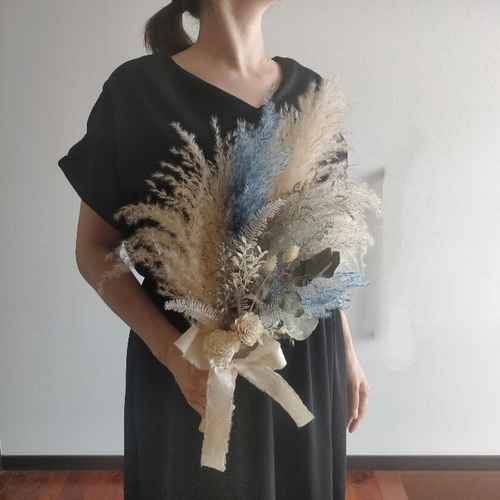 ブルー系パンパスグラスのウェディブーケ &ブートニア 前撮り 和装