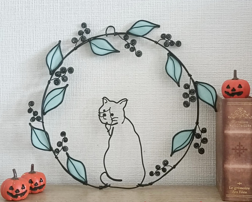 ワイヤーアート　ワイヤークラフト 花とねこ ワイヤークラフト ワイヤーアート リース ねこ welcome 猫