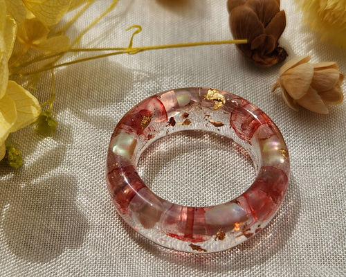 天然石 秋 レジンリング 水晶 さざれ石 シェル ルビーレッド 指輪