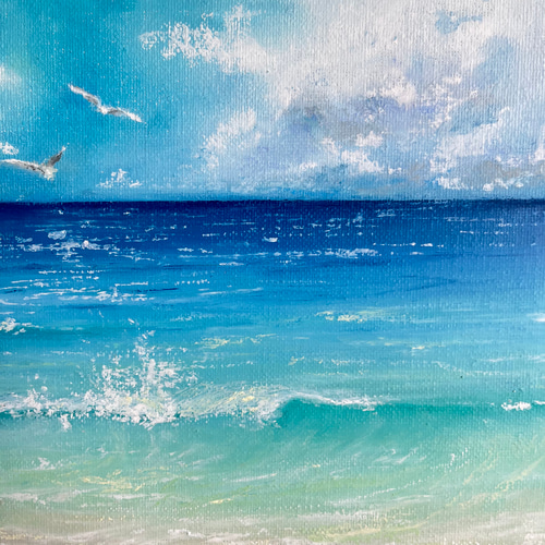 Earth【原画】海とカモメ〜落ち着いた大人ブルーな波打ち際(チョーク