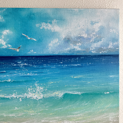 Earth【原画】海とカモメ〜落ち着いた大人ブルーな波打ち際(チョーク
