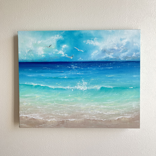 Earth【原画】海とカモメ〜落ち着いた大人ブルーな波打ち際(チョーク