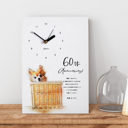 4匹のワンちゃんネコちゃんが選べる木とワンちゃんねこちゃん壁掛け時計 ペットのイラスト付き時計 還暦や喜寿や古希の祝いにも☆ 猫