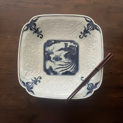 伊万里染付鳳凰桐文陽刻角大鉢（江戸幕末期） 大皿 antique art nozomi