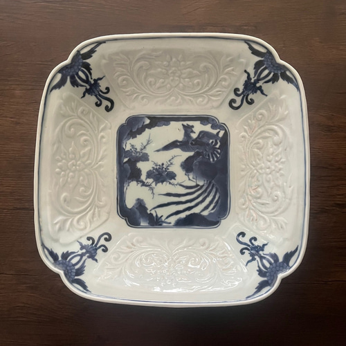 伊万里染付鳳凰桐文陽刻角大鉢（江戸幕末期） 大皿 antique art nozomi