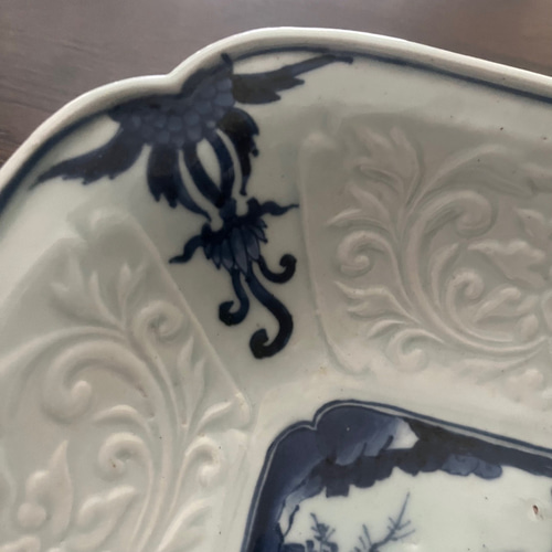 伊万里染付鳳凰桐文陽刻角大鉢（江戸幕末期） 大皿 antique art nozomi