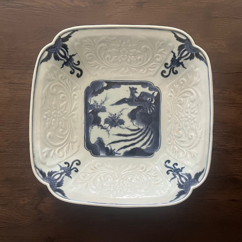 伊万里染付鳳凰桐文陽刻角大鉢（江戸幕末期） 大皿 antique art nozomi