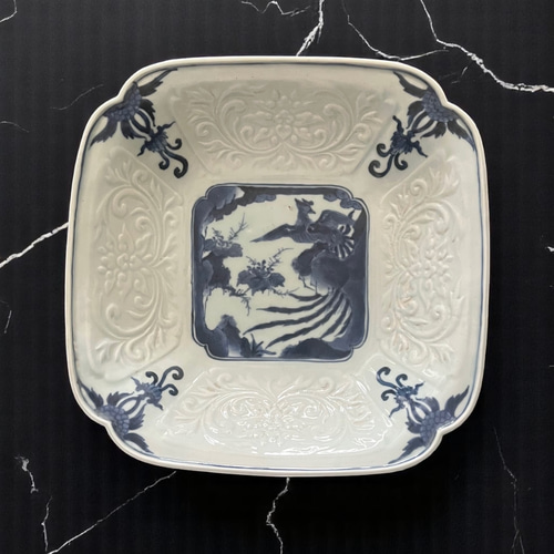 伊万里染付鳳凰桐文陽刻角大鉢（江戸幕末期） 大皿 antique art nozomi