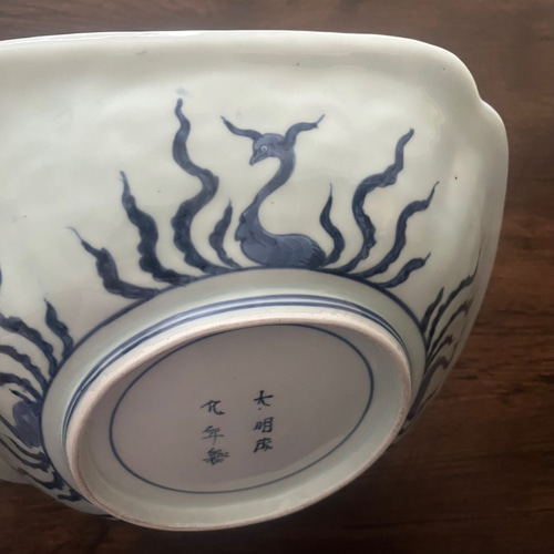 伊万里染付鳳凰桐文陽刻角大鉢（江戸幕末期） 大皿 antique art nozomi