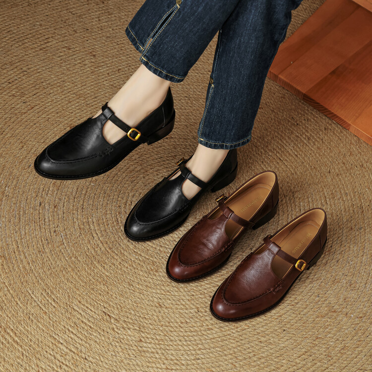 内外全革ローズメタルストラップローヒールパンプス通勤シューズレディース踵痛くない履きやすい靴#1035