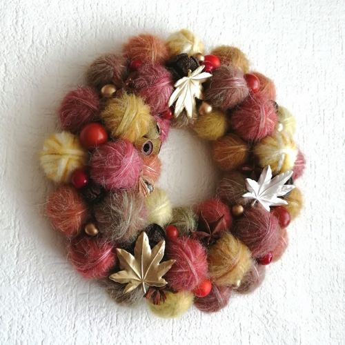 毛糸玉ともみじの秋リース リース Allium blue perfume 通販 18215288