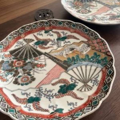 古伊万里赤絵鶴扇子若松桐菊紋様大皿一対 大皿 antique art