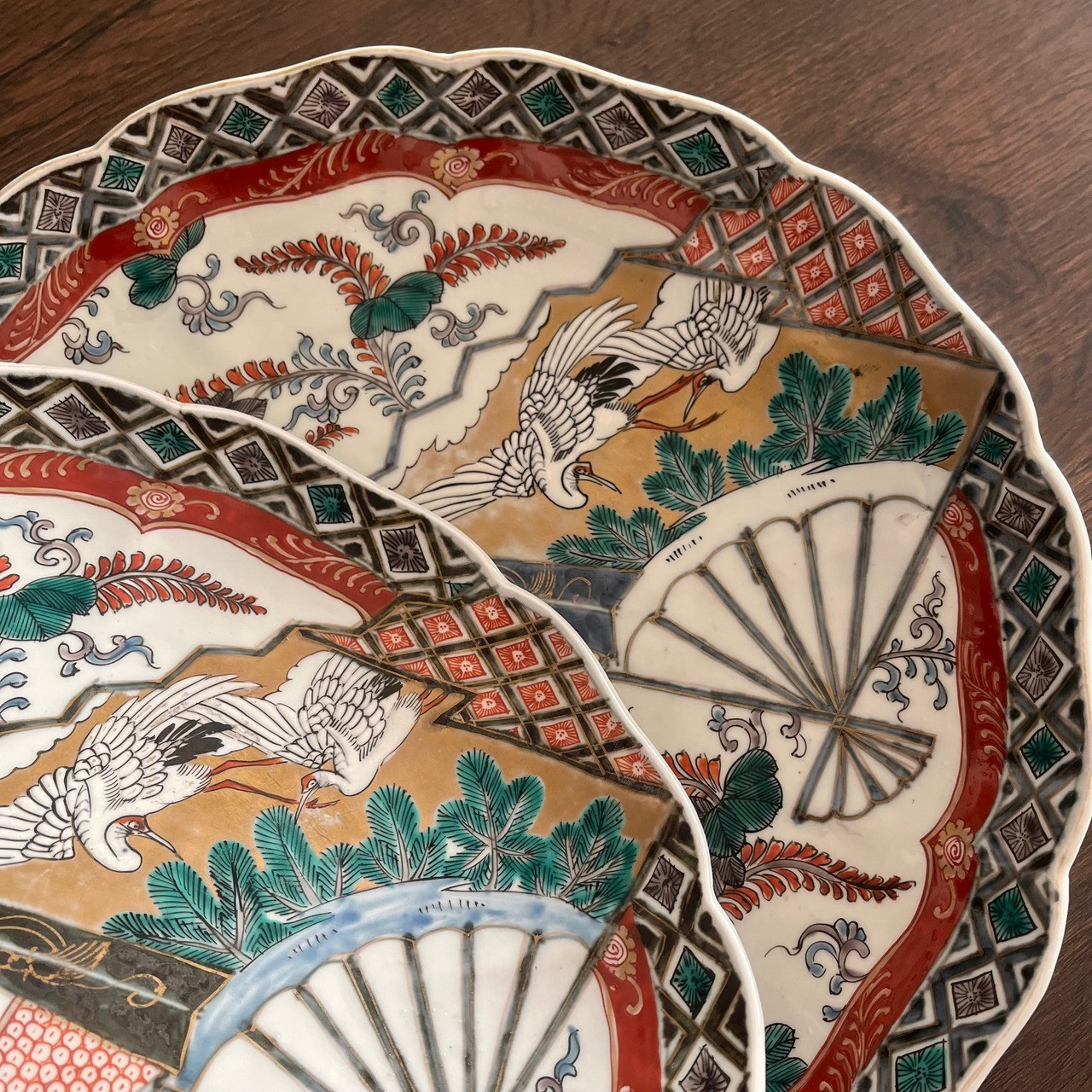 古伊万里 金彩 赤絵 扇面型皿 菊花流水 江戸中期 変形皿 骨董