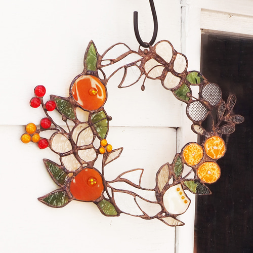 お花いっぱいステンドグラスの秋色リース リース Unit Glass