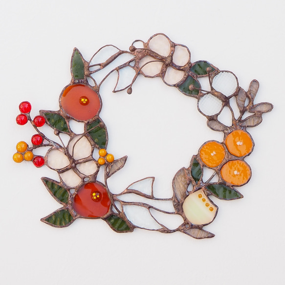 お花いっぱいステンドグラスの秋色リース リース Unit Glass Studio