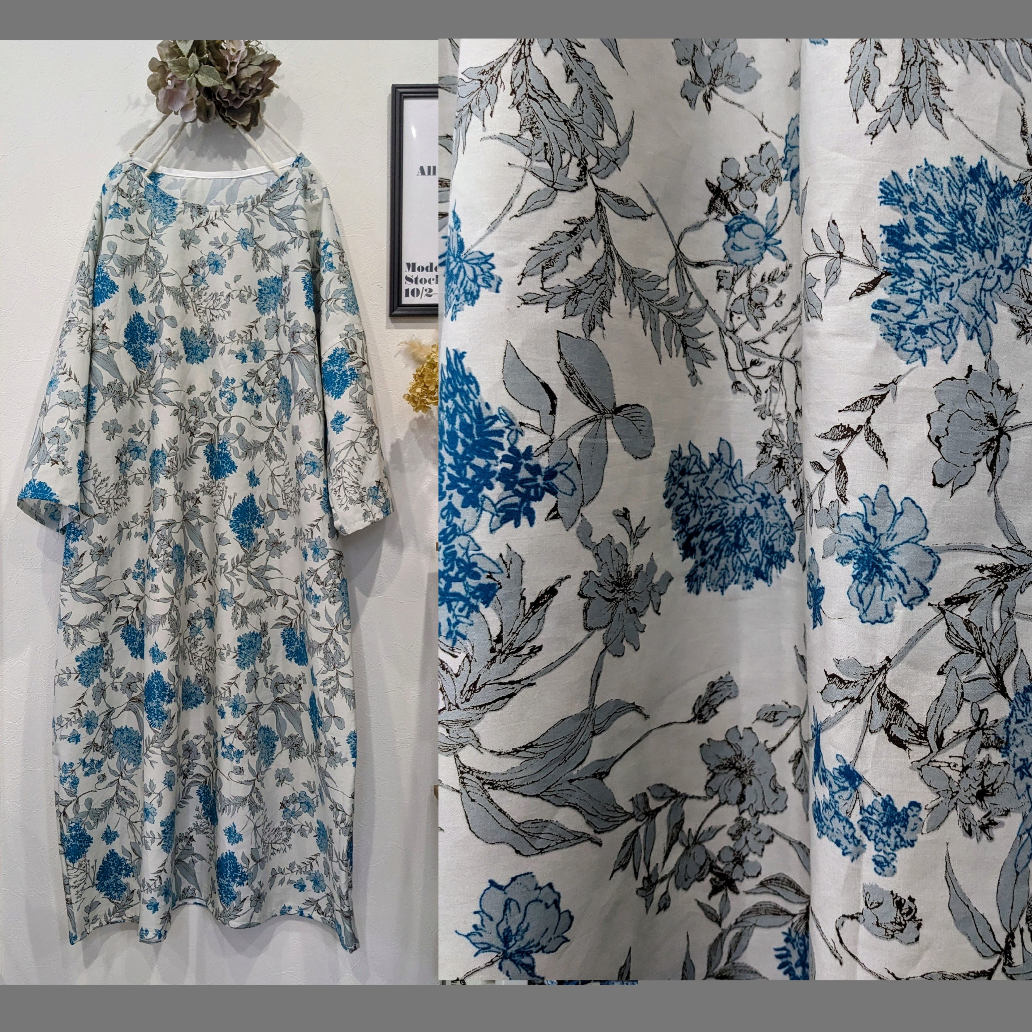 ♥グレースターコイズフラワーのワンピース♥袖変更可　コットン　北欧