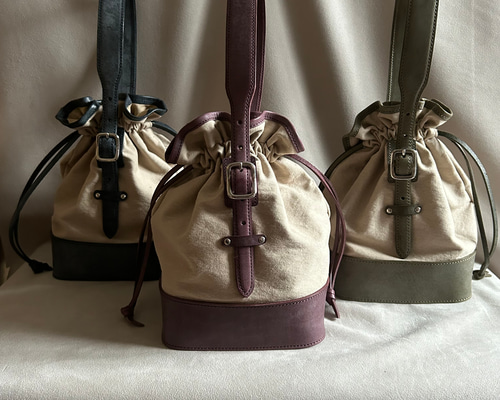 kinchaku bag small vintagecanvas×ロロマレザー 3colors 巾着