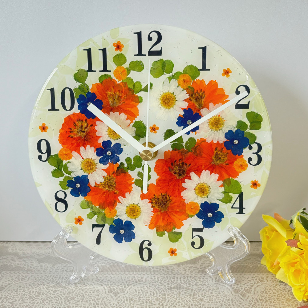 【ギフト】押し花 花時計 【フローラル・オレンジ】 φ18cm ハンドメイド ギフト ボックス入り