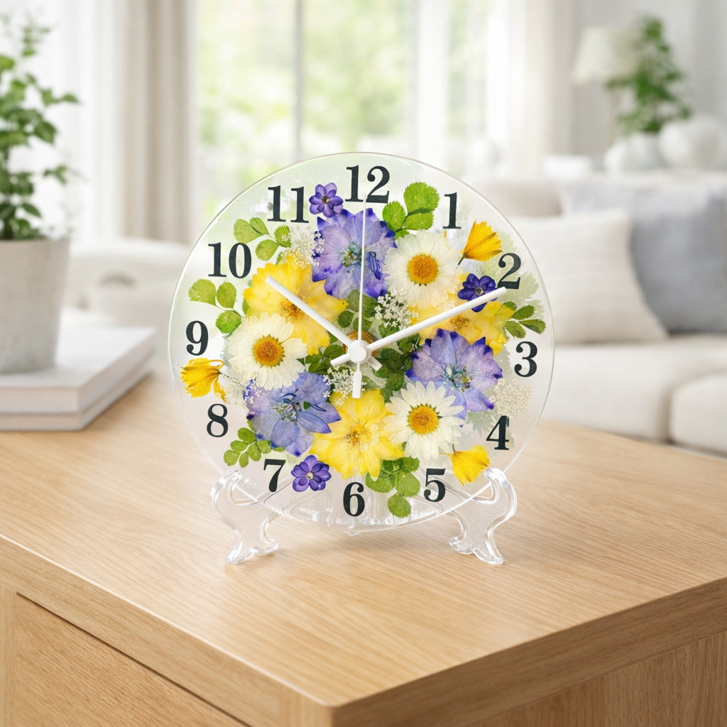 【ギフト】押し花 花時計 【ラークスパー・ラベンダー】 φ15cm ハンドメイド ギフト ボックス入り