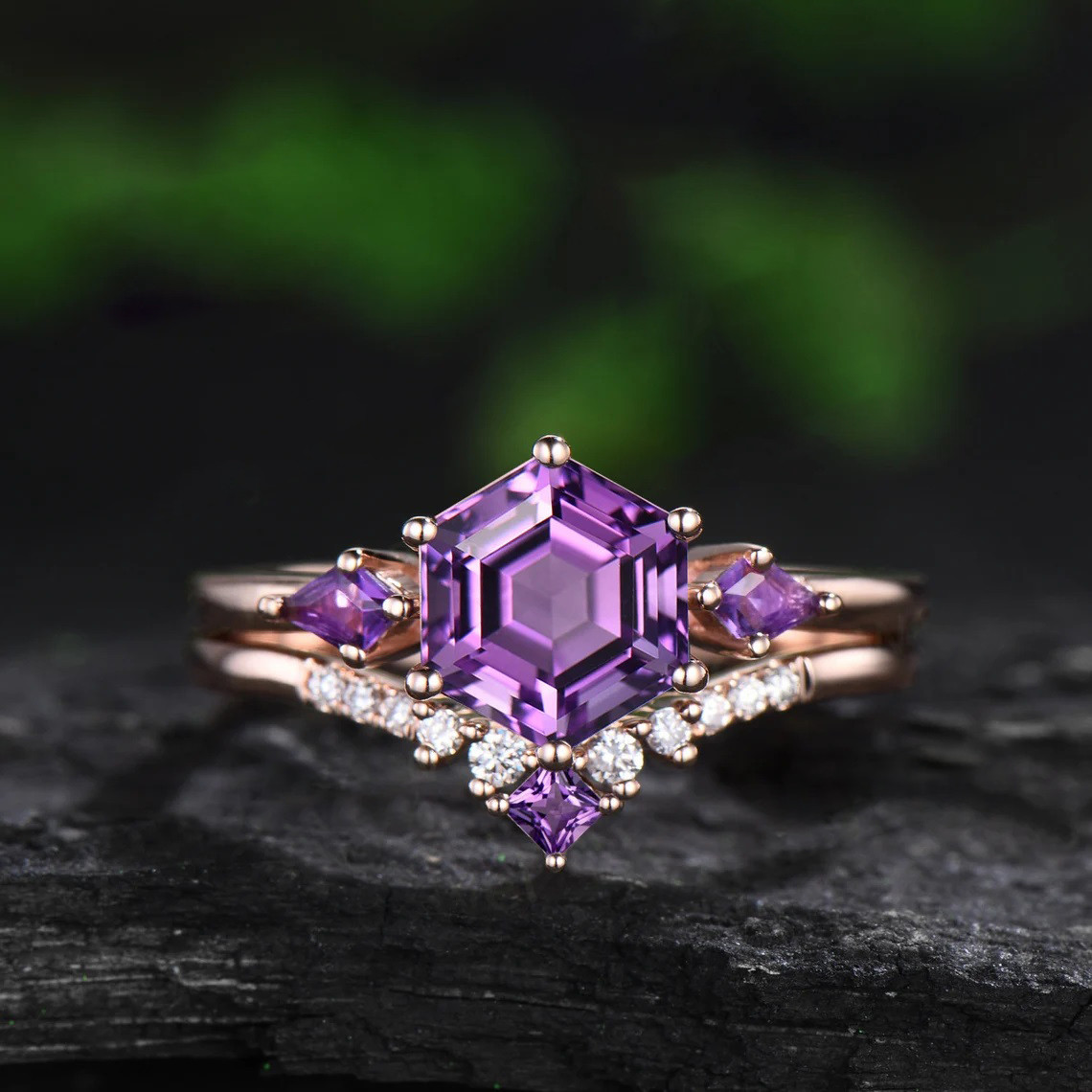 アンティーク英国 紫色の六角形カット アメジスト スターリング