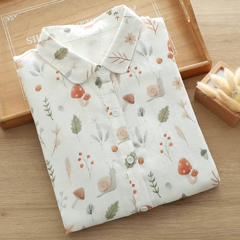 春秋・ダブルガーゼ・コットン100%・ブラウス・プリント