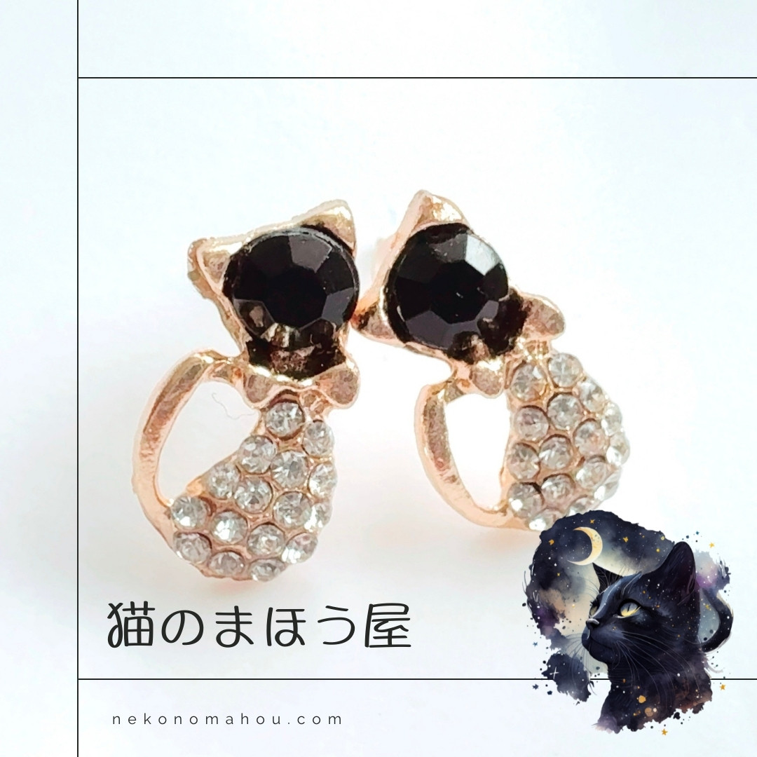 どんな困難も乗り越える ヴィンチェーレ「トラブル回避」好きなものを守る Charm Cat ジェットブラック ピアス
