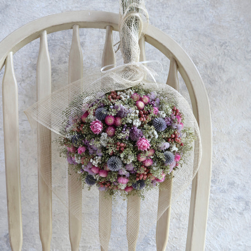 45cm) マメグンバイナズナと千日紅のお花畑スワッグ/ブーケ/ドライ