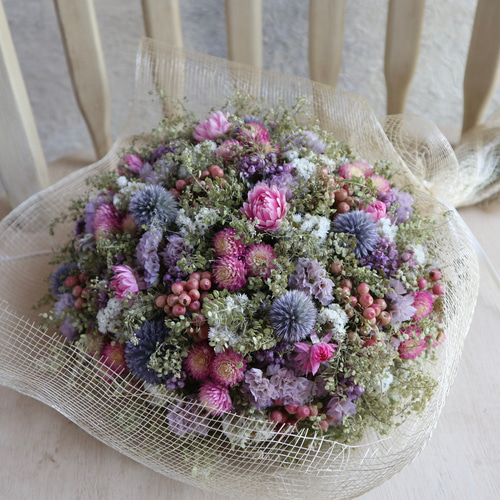 45cm) マメグンバイナズナと千日紅のお花畑スワッグ/ブーケ