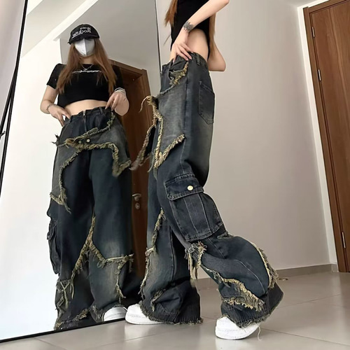 デニム パンツ ハイウエスト ワイドパンツ ゆったり ストレート