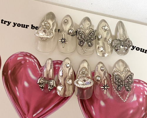 ネイルチップオーダー ミラーネイル ハートネイル design183】ミラーグラデハートネイルチップ ネイルチップ（つけ爪