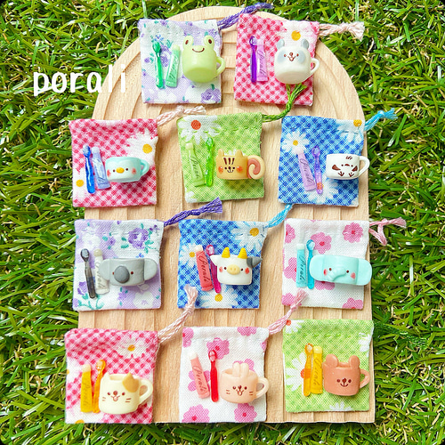 受注製作】選べる！ミニチュア動物 歯磨きセット巾着付き その他置物  