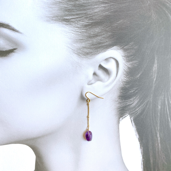 天然石プレーンアメジスト一粒チェーンピアス/イヤリング 6枚目の画像