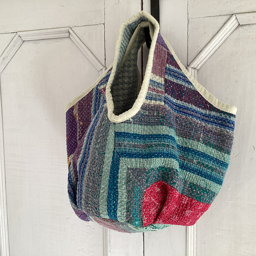 1ヴィンテージラリーキルト まんまるランチBAG ☆刺し子 バケツ