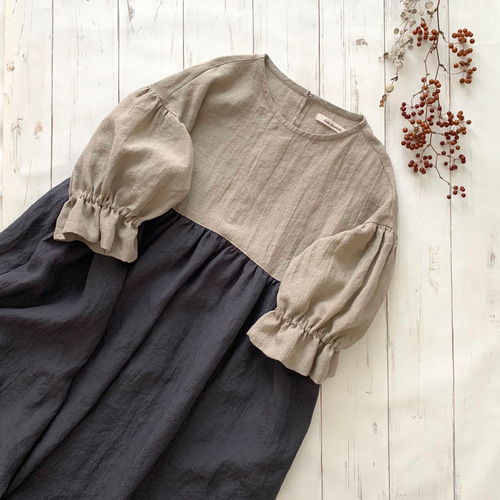 ハンドメイド　森のおさんぽ七分袖 ワンピース 森のおさんぽワンピース七分袖 *beige×charcoal gray 受注制作