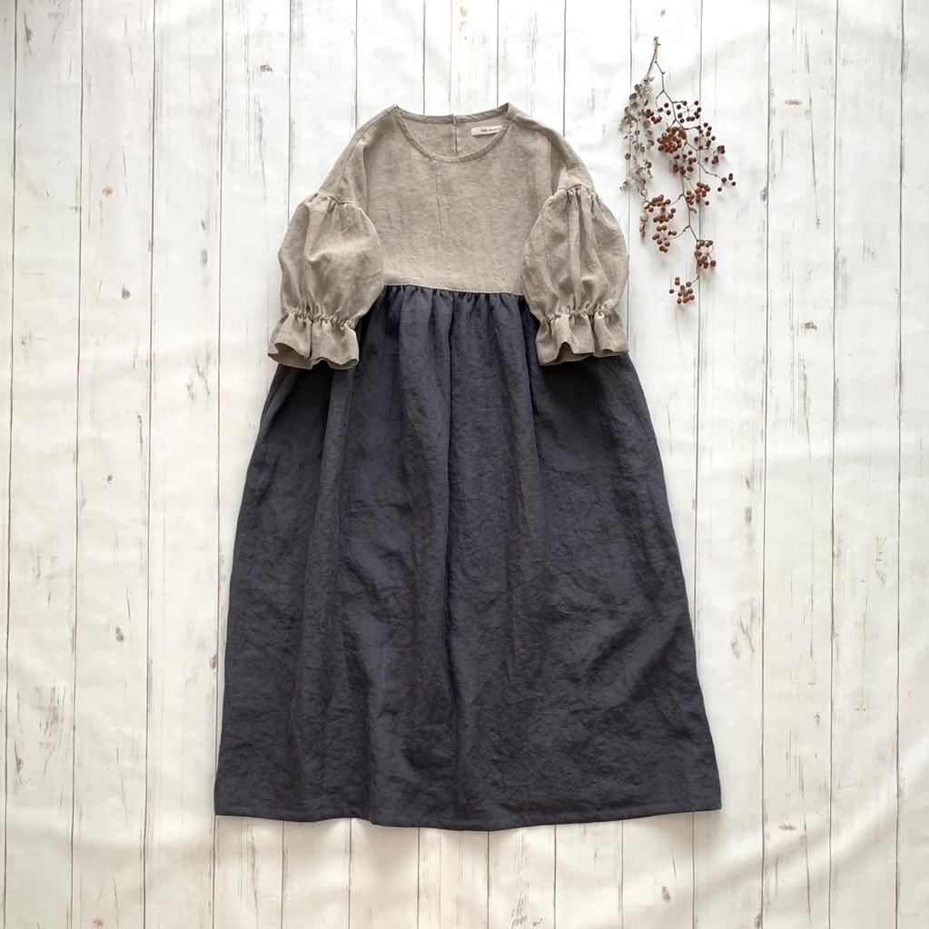 森のおさんぽワンピース  七分袖  *beige×charcoal gray  ※受注制作※